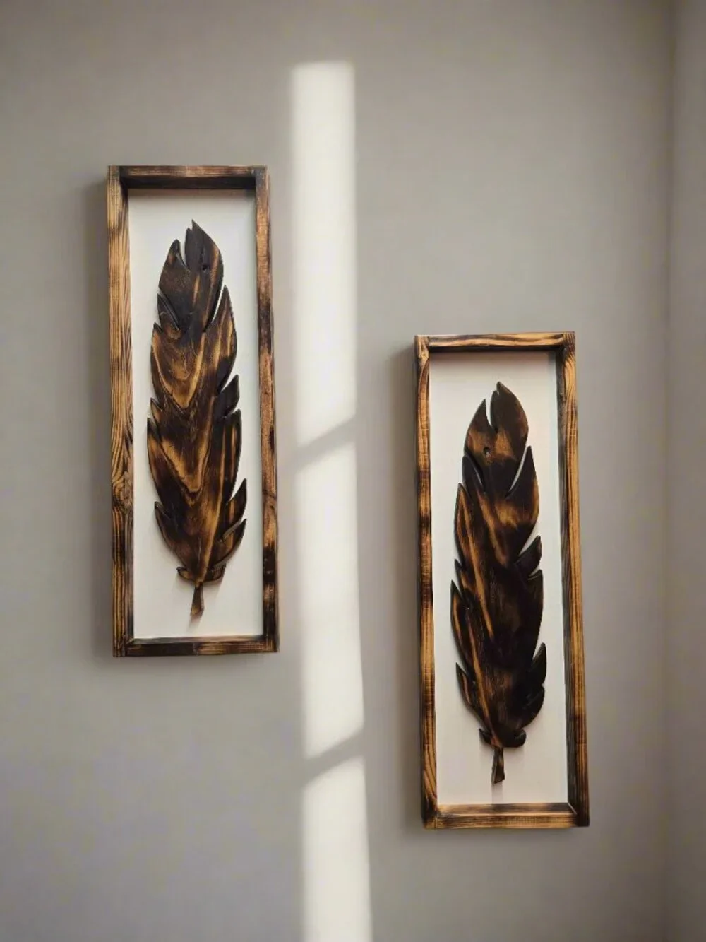 Set of 2 Wooden Feather Wall Art Panels, Rustic Pine Wall Decor